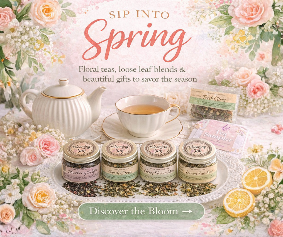 Tea set with floral decorations and text 'Sip into Spring' on a floral background.