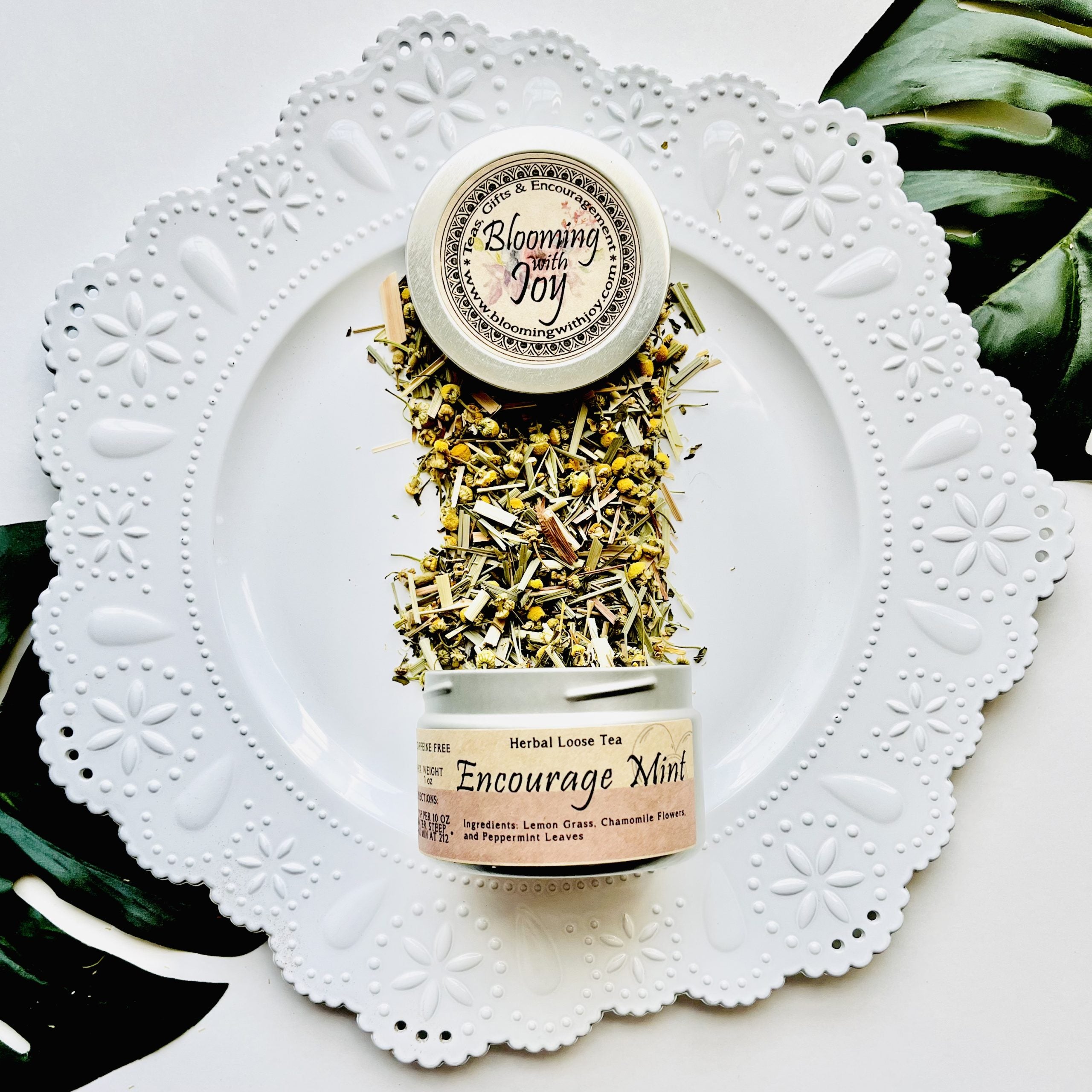 Experience the uplifting blend of peppermint, chamomile, and lemongrass in our Encourage Mint Tea. Caffeine-free and packed with health benefits. Order now and brighten your day!"