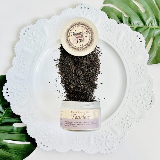 Discover the bold and empowering flavor of Fearless Loose Tea, a unique blend featuring fruity black tea infused with vanilla, caramel, and a hint of lemony Bergamot. With its high caffeine content and comforting aroma